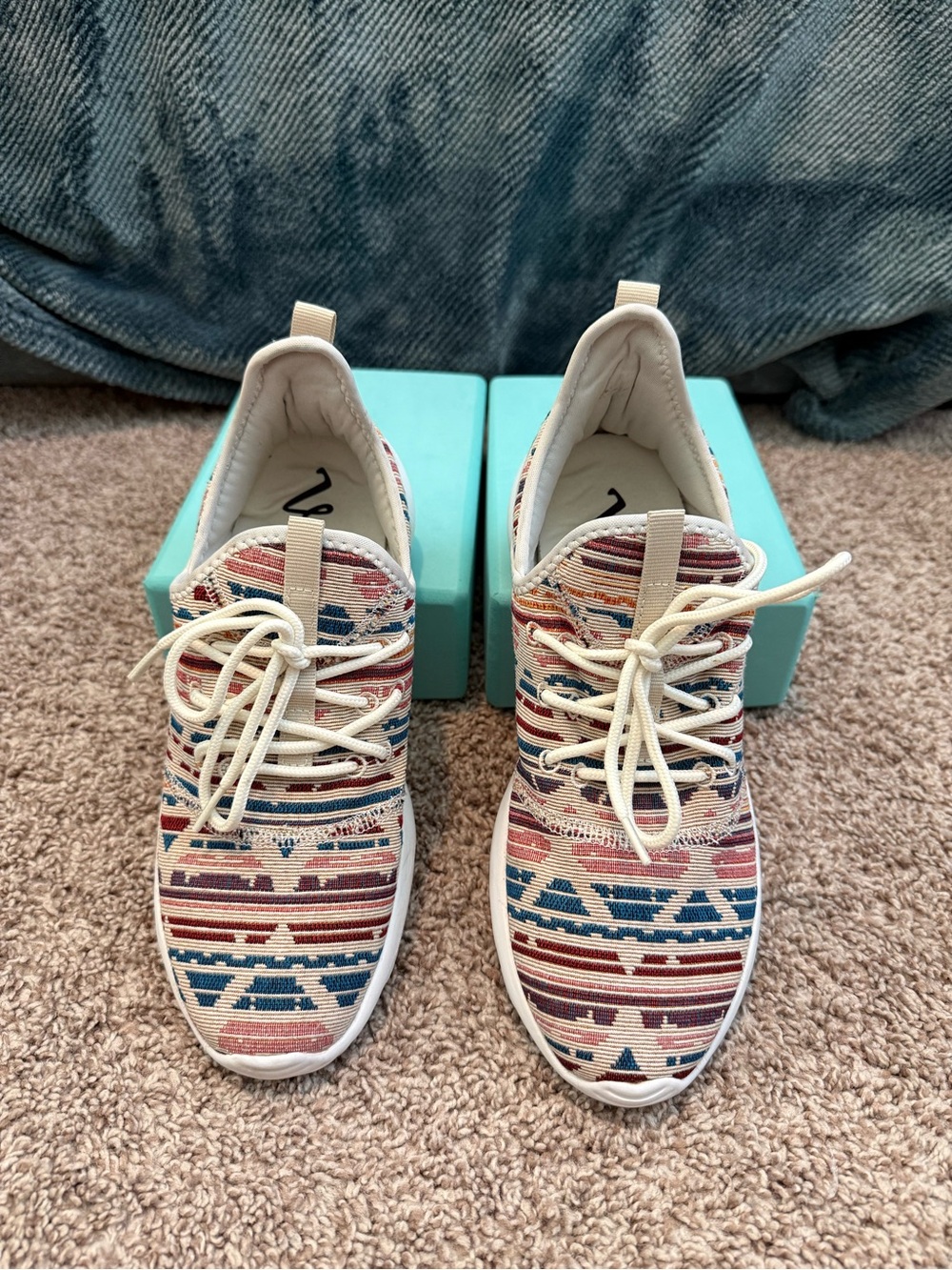 Very G Women's Aztec Pattern Lace-Up Sneakers - Cream, Blue & Rust